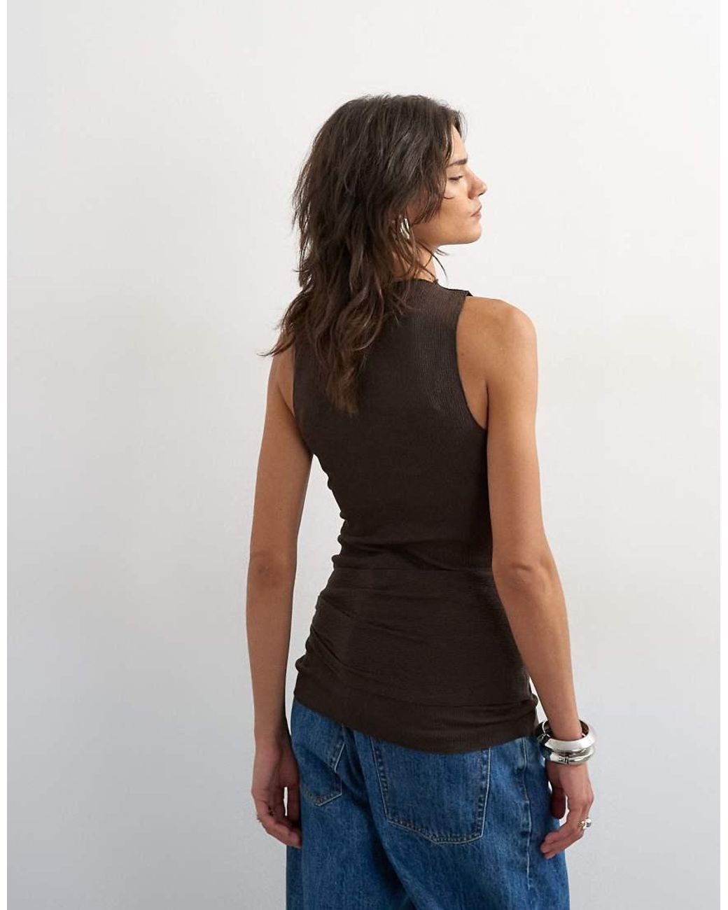 TOPSHOP Blue High Neck Top With Tie Detail
