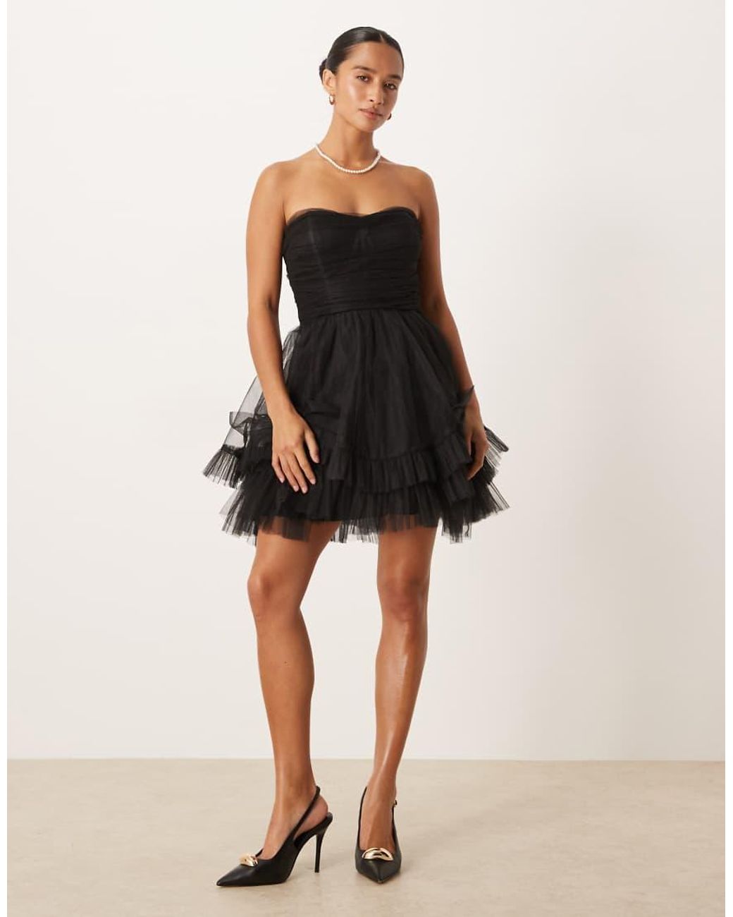 LACE & BEADS Black Corset Overlay Tulle Bow Mini Dress
