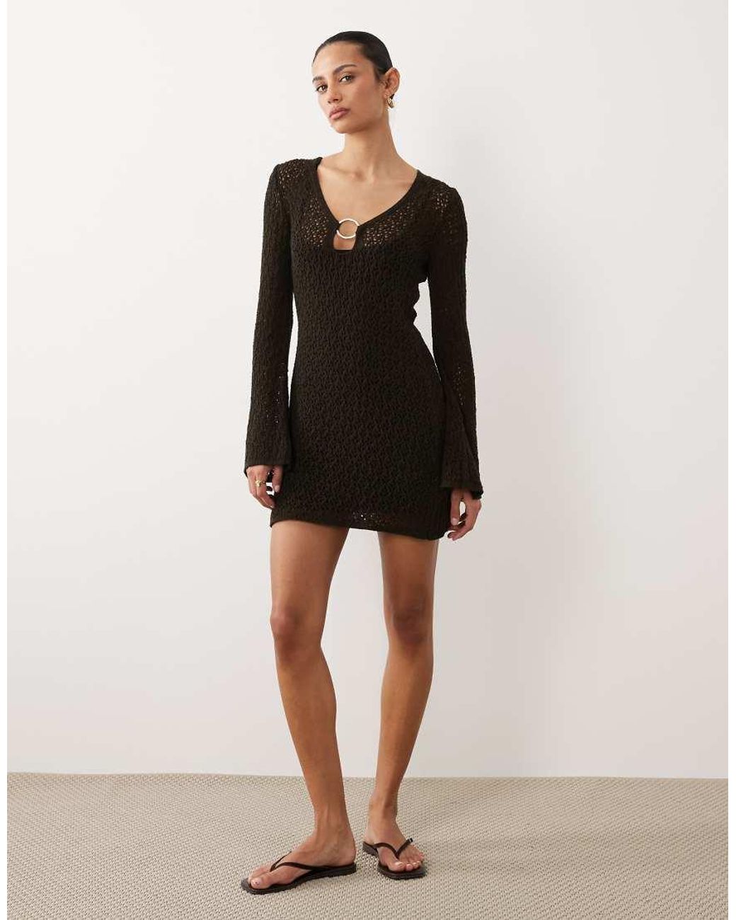 New Look Black Ring Detail Crochet Kaftan
