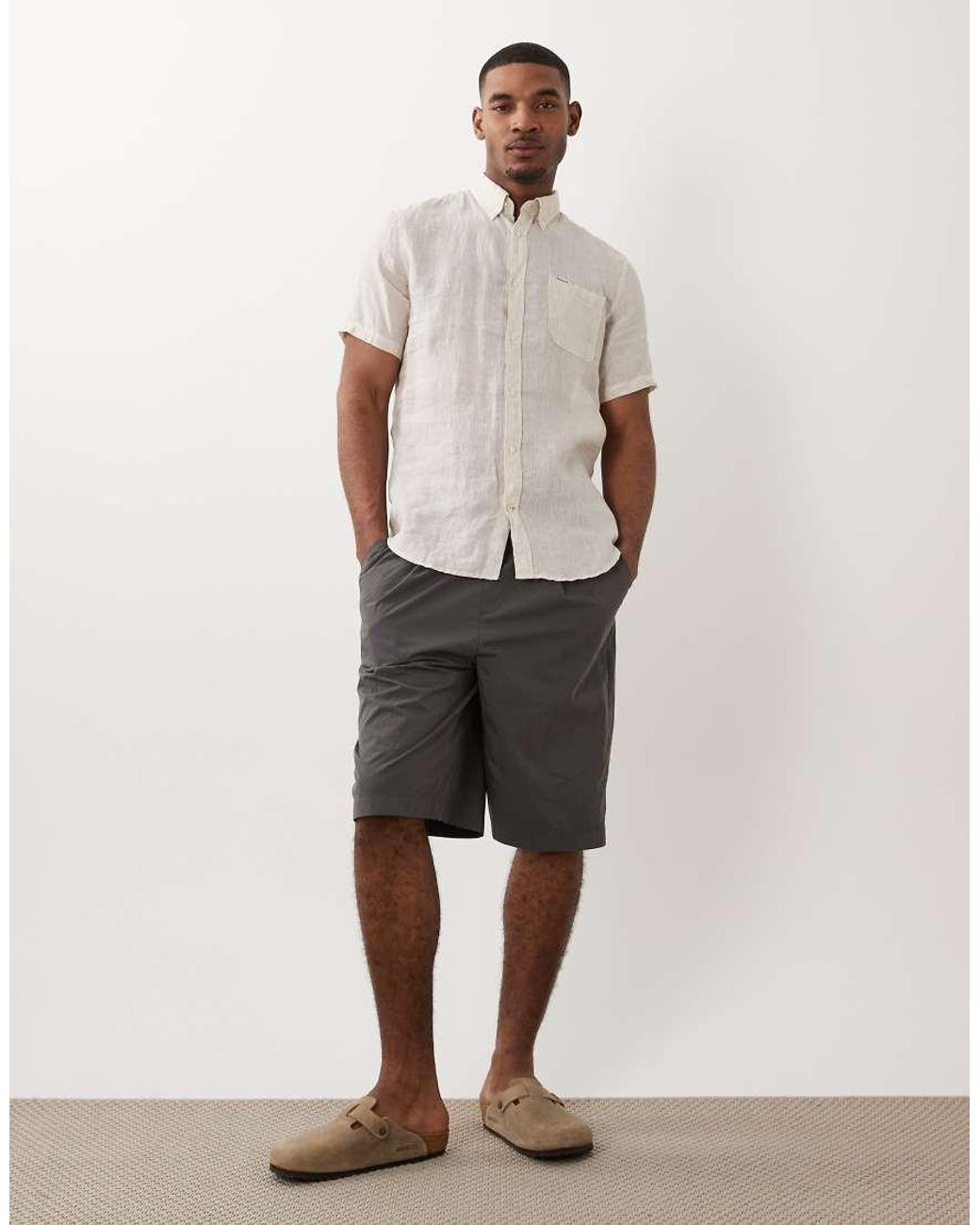 Barbour Natural Linton Short Sleeve Linen Tailored Logo Shirt for men