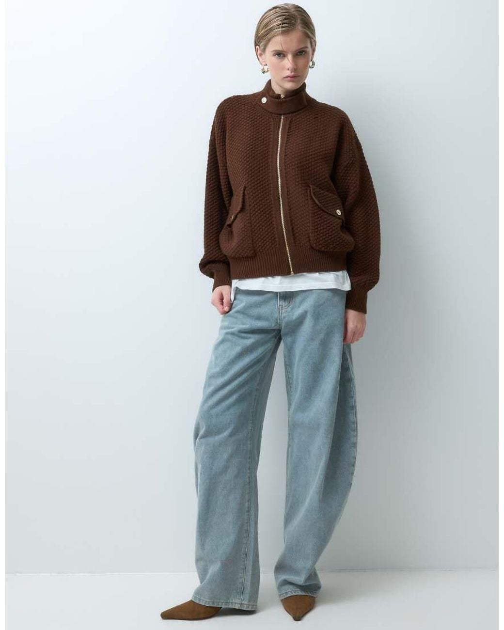 ASOS Brown Knitted High Neck Bomber Jacket