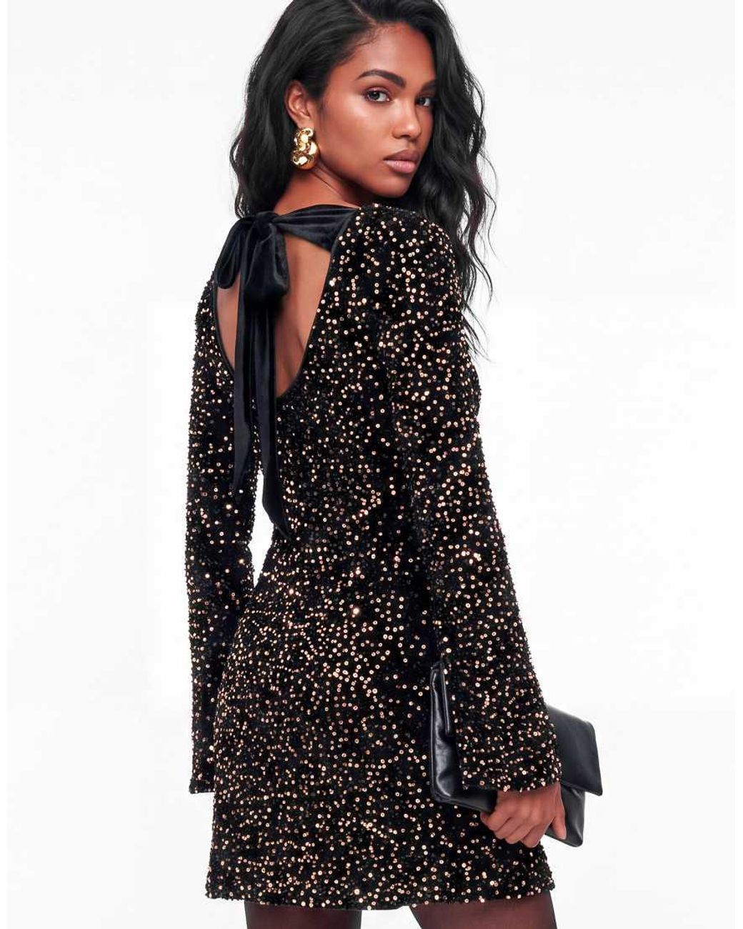 Lovedrobe Black Embellished Velvet Tie-Back Swing Mini Dress