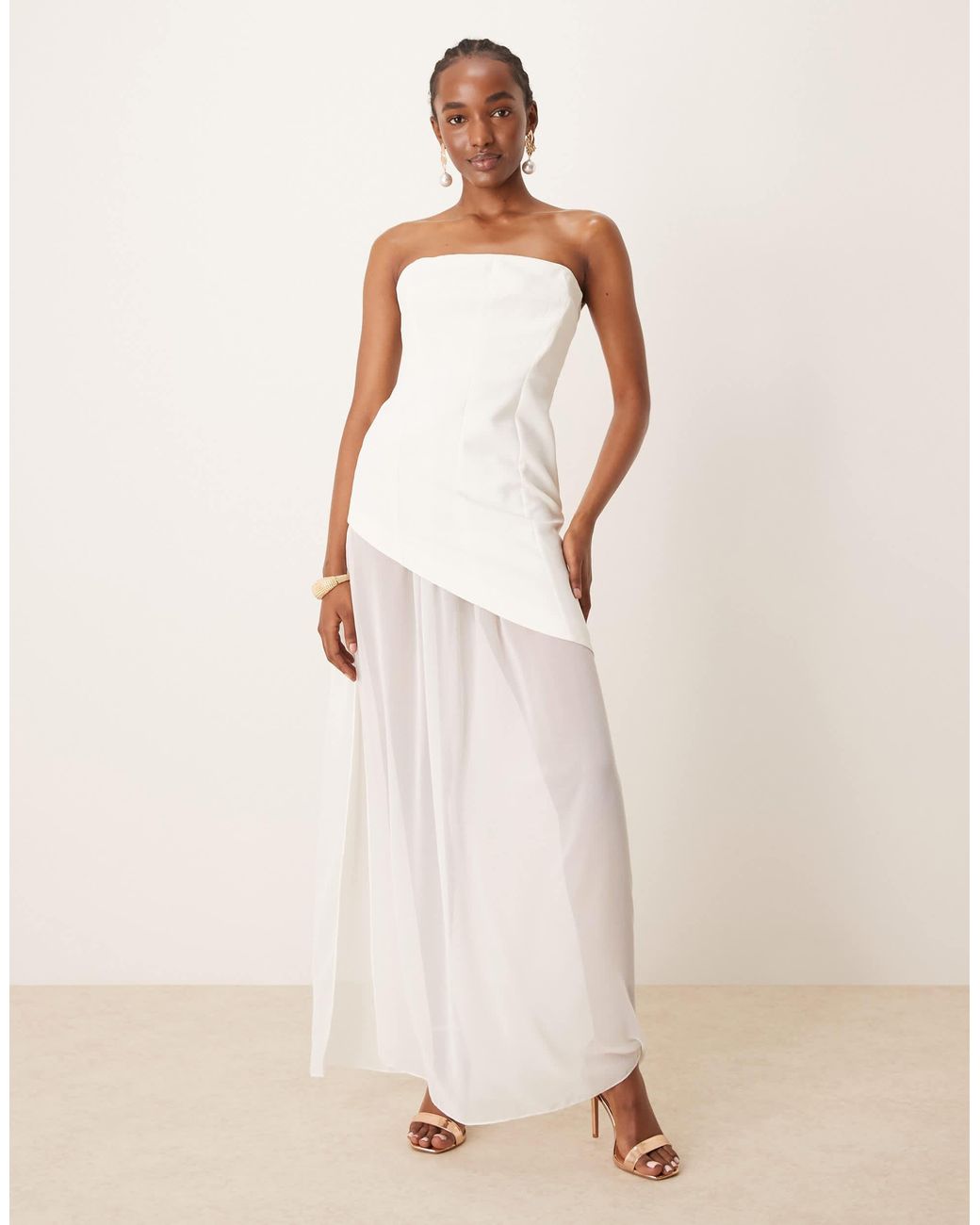 ASOS Structured Bandeau Maxi Dress With Chiffon Thigh Split Skirt in Natural