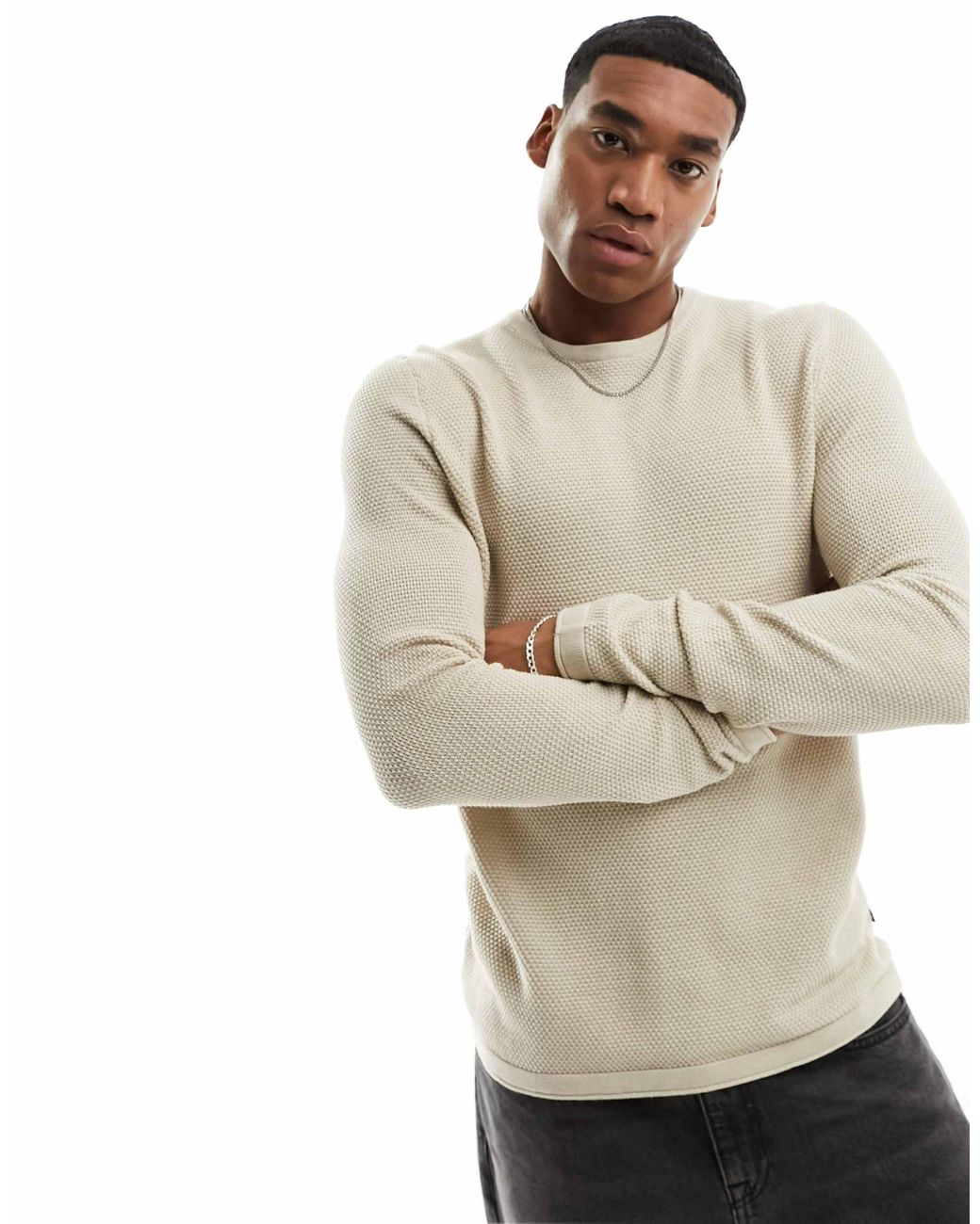 Only & Sons – texturierter strickpullover in White für Herren