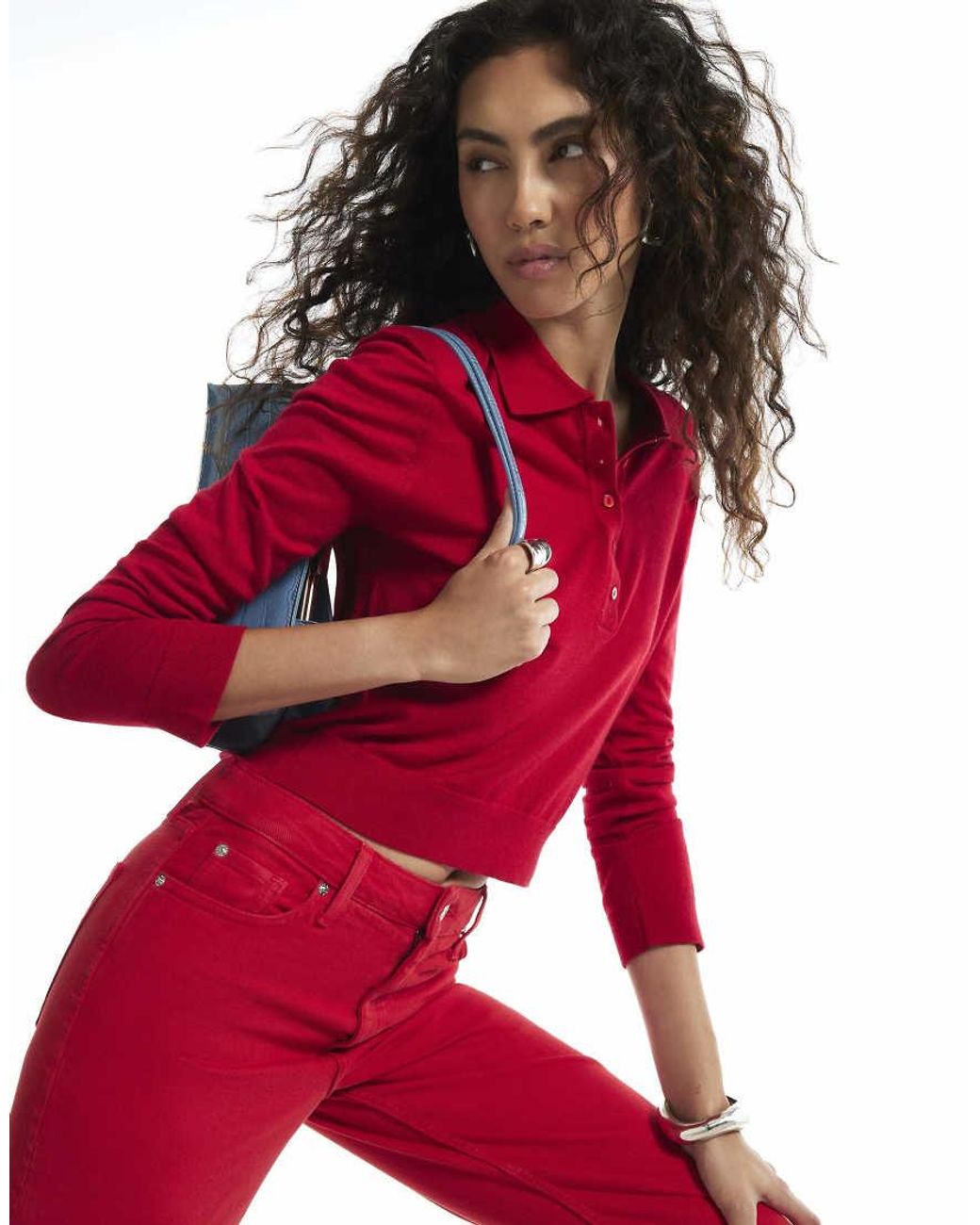 River Island Red Knit Shoulder Pad Polo Top