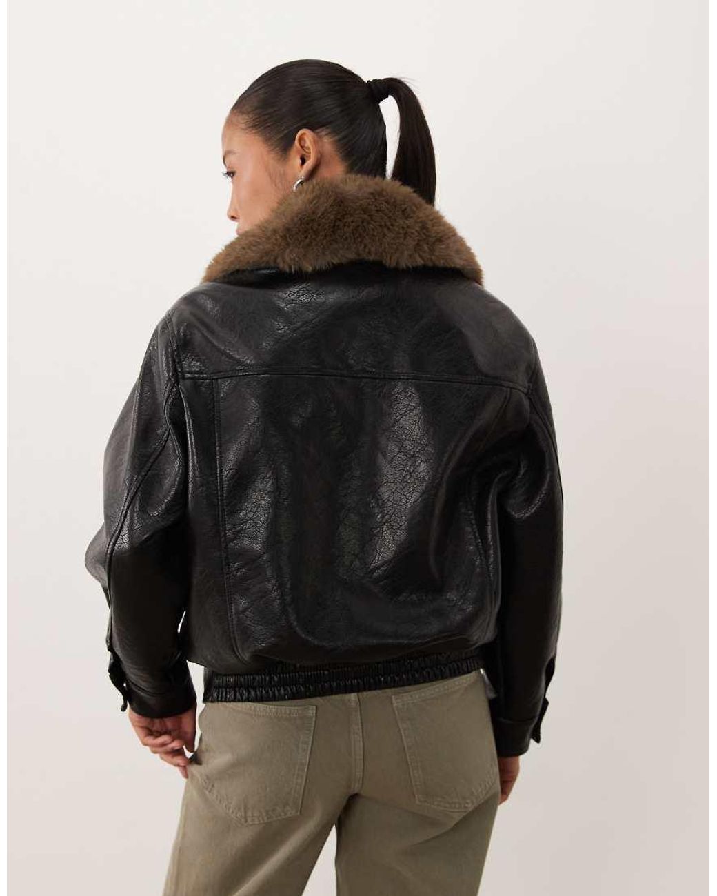 ASOS Black Asos Design Petite Leather Look Moto Jacket With Tan Faux Fur Collar