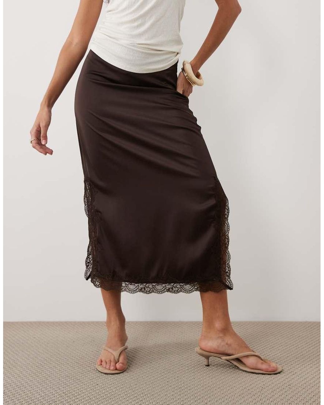Vila Natural Lace Trim Satin Midi Skirt