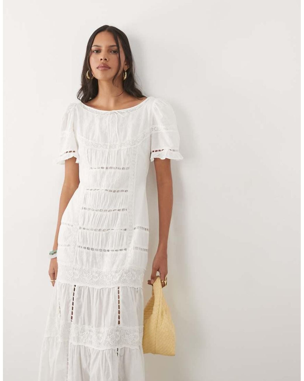 For Love & Lemons Natural Breezy Cotton Broderie Scoop Neck Puff Sleeve Midi Dress With Drop Waist