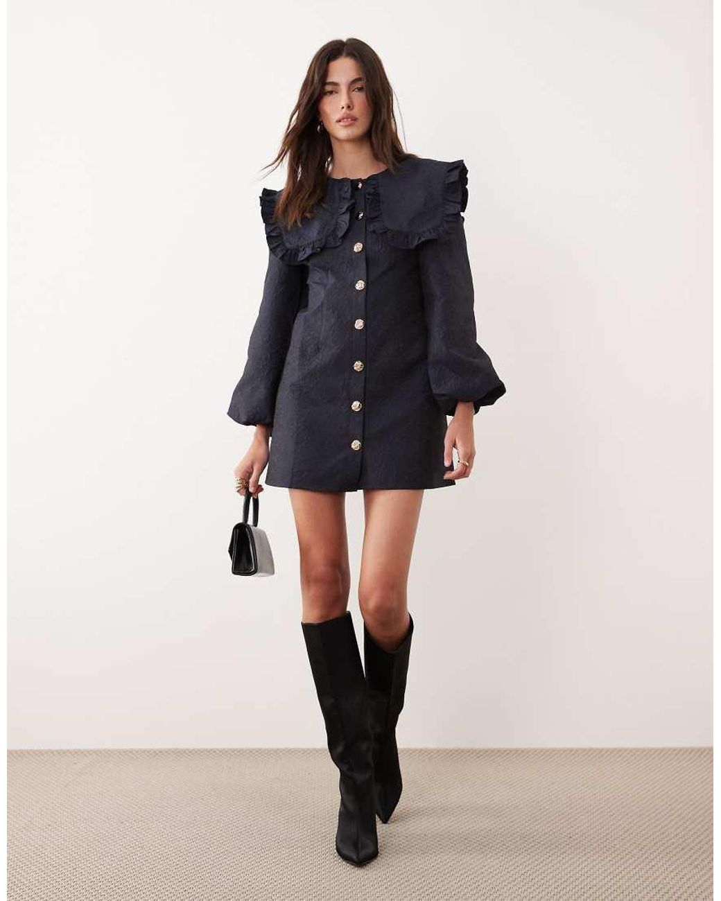 Ghospell Blue Oversized Collar Balloon Sleeve Mini Dress
