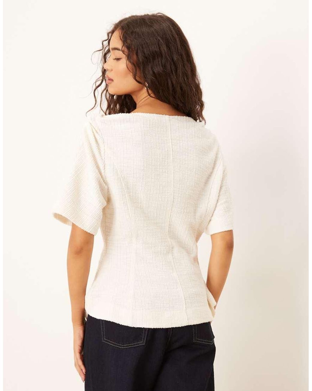 ASOS White V Neck Boucle Twist Shoulder Detail Tee