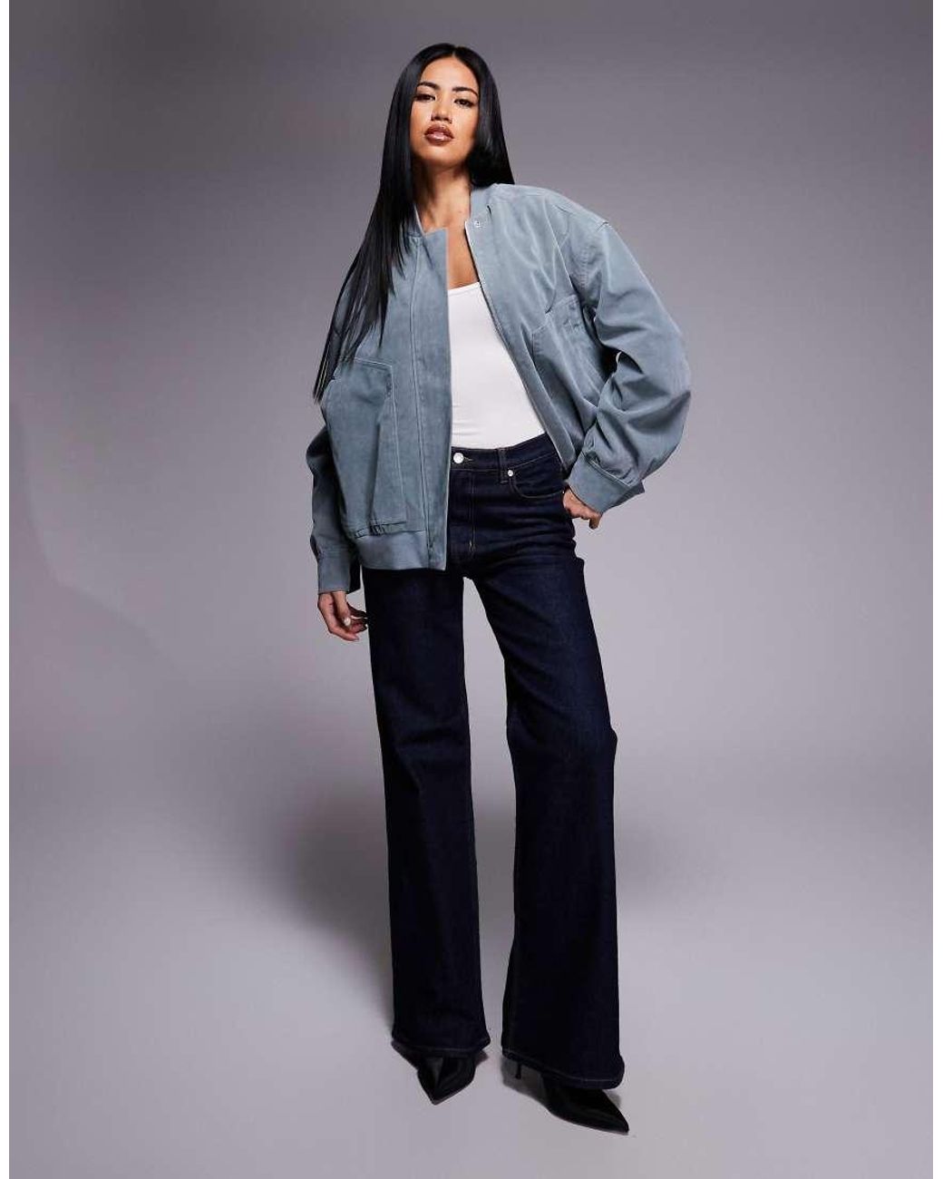 Kaiia Blue Exclusive Faux Suede Bomber Jacket