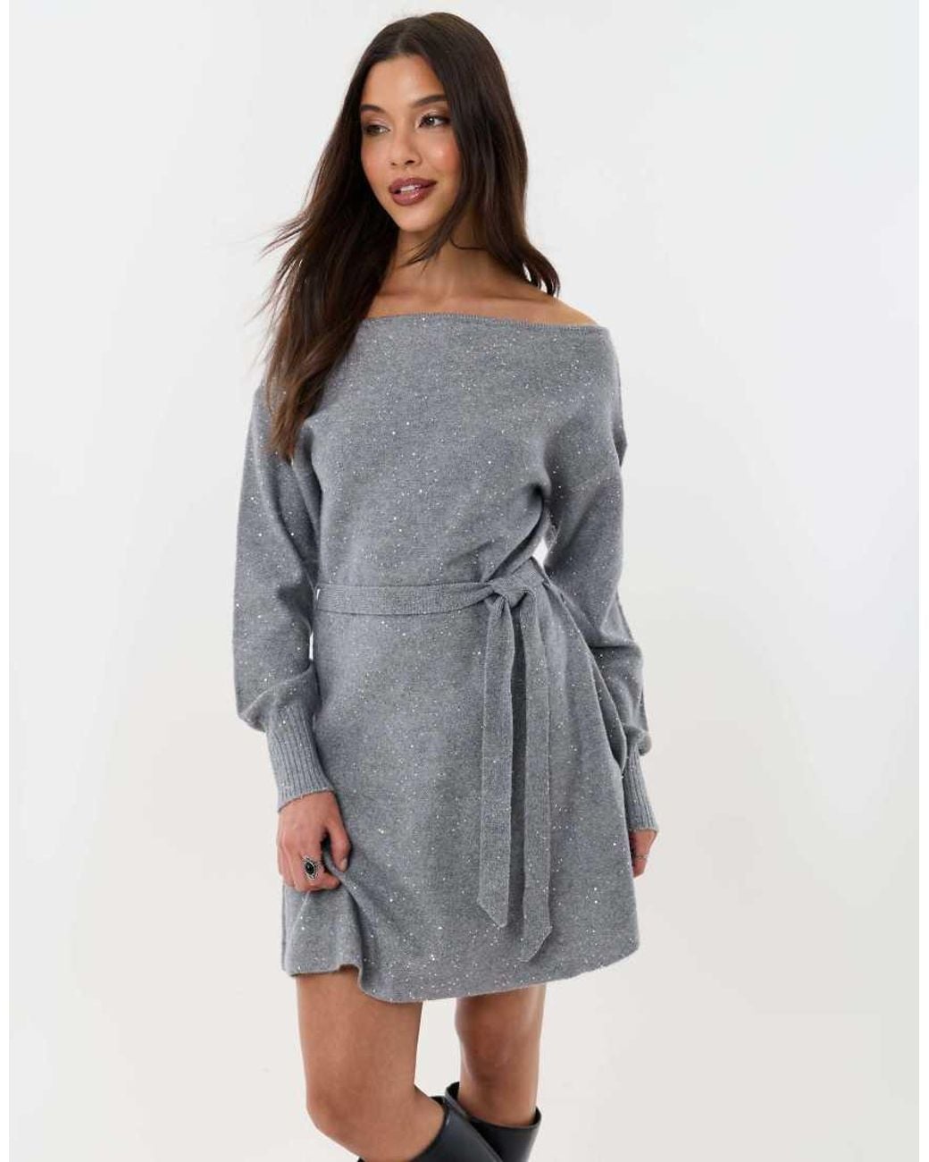 Threadbare Gray Knitted Sequin Slash Neck Mini Dress