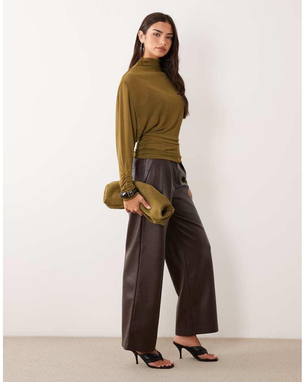 ASOS Brown Sheer Batwing High Neck Ruched Sleeve Top