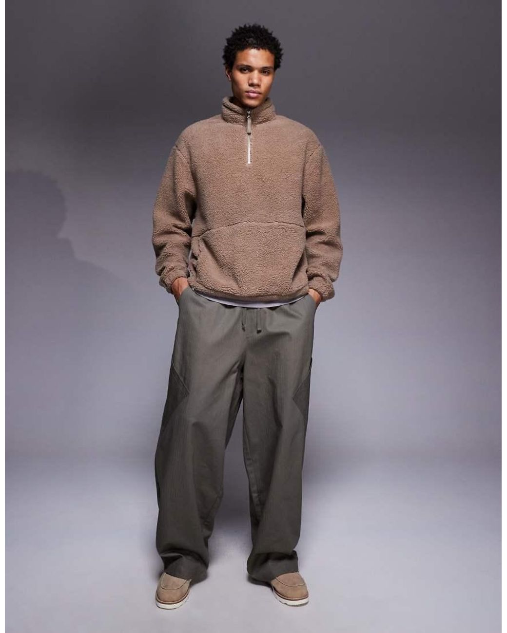 ASOS Gray Relaxed Funnel Neck Zip Through Borg Sweatshirt for men