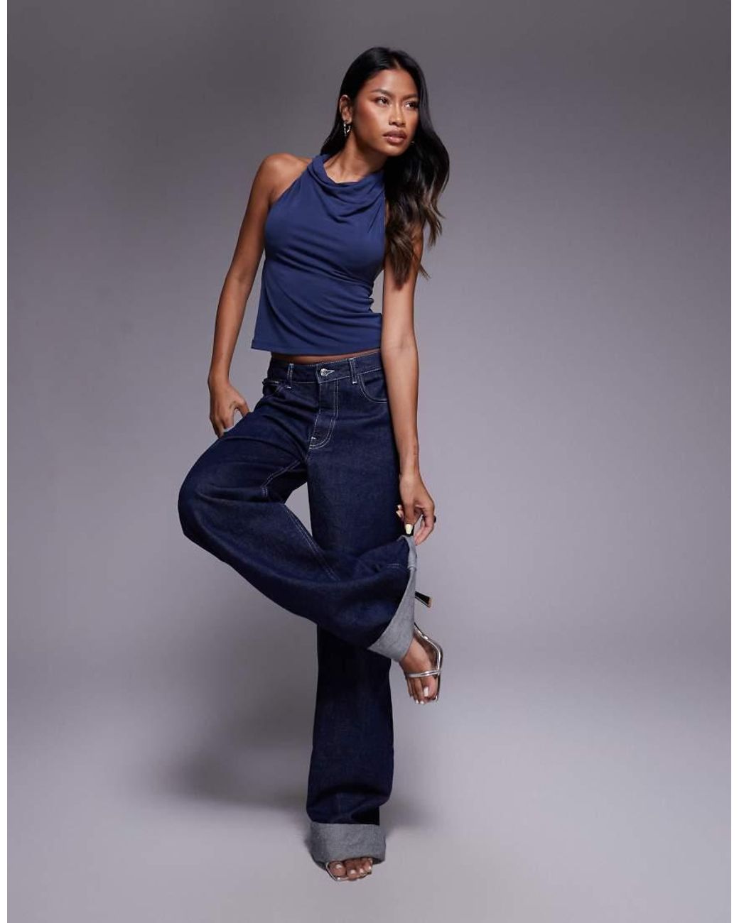 ASOS Blue High Neck Cowl Cupro Top