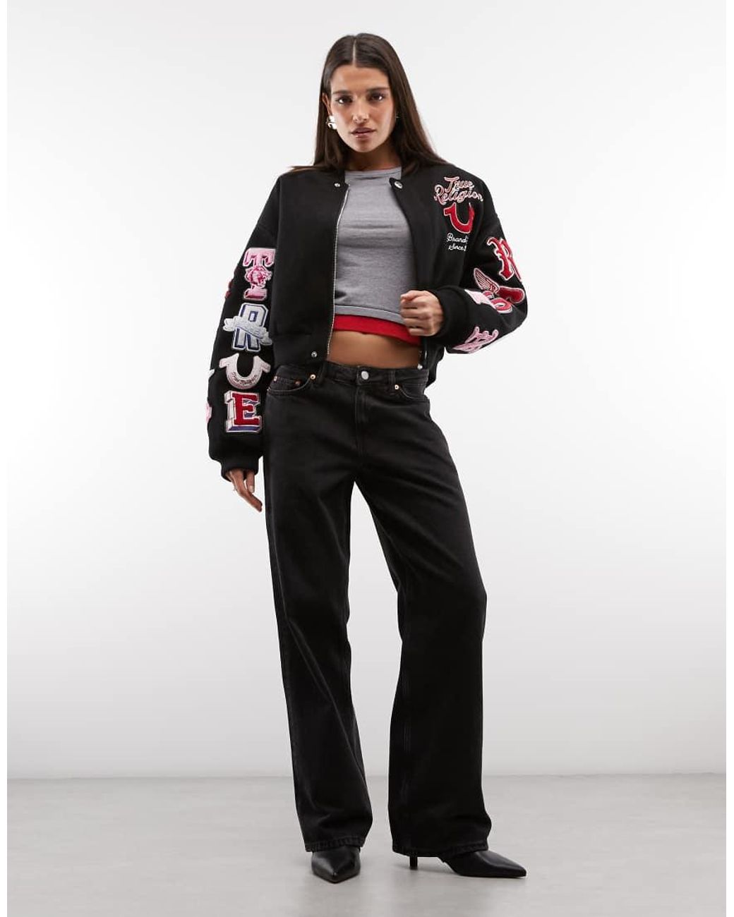 True Religion Black Embriodered Logo Relaxed Fit Hooded Varisty Bomber Jacket With Hood