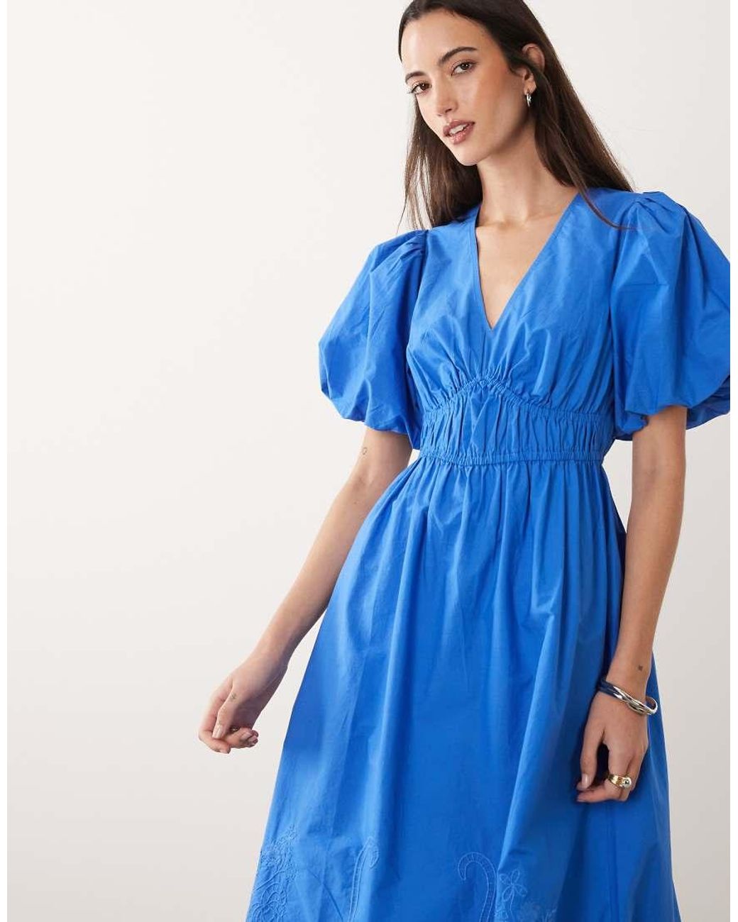 New Look Shirred Waist Midi Dress With Cutwork Detail in Blue