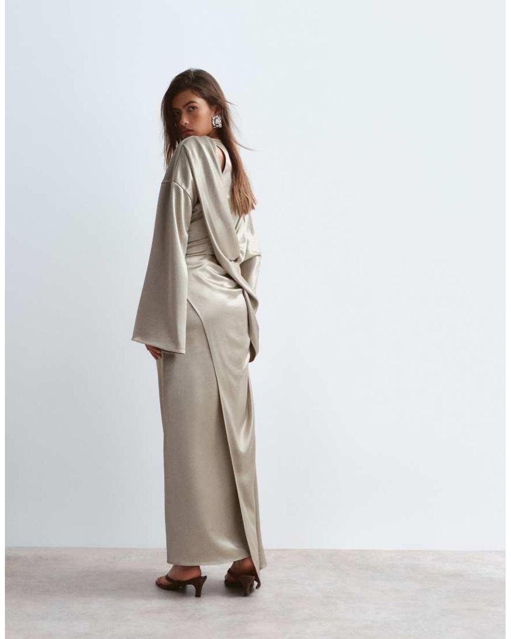 ARRANGE Natural Satin Drape Long Sleeve Maxi Dress