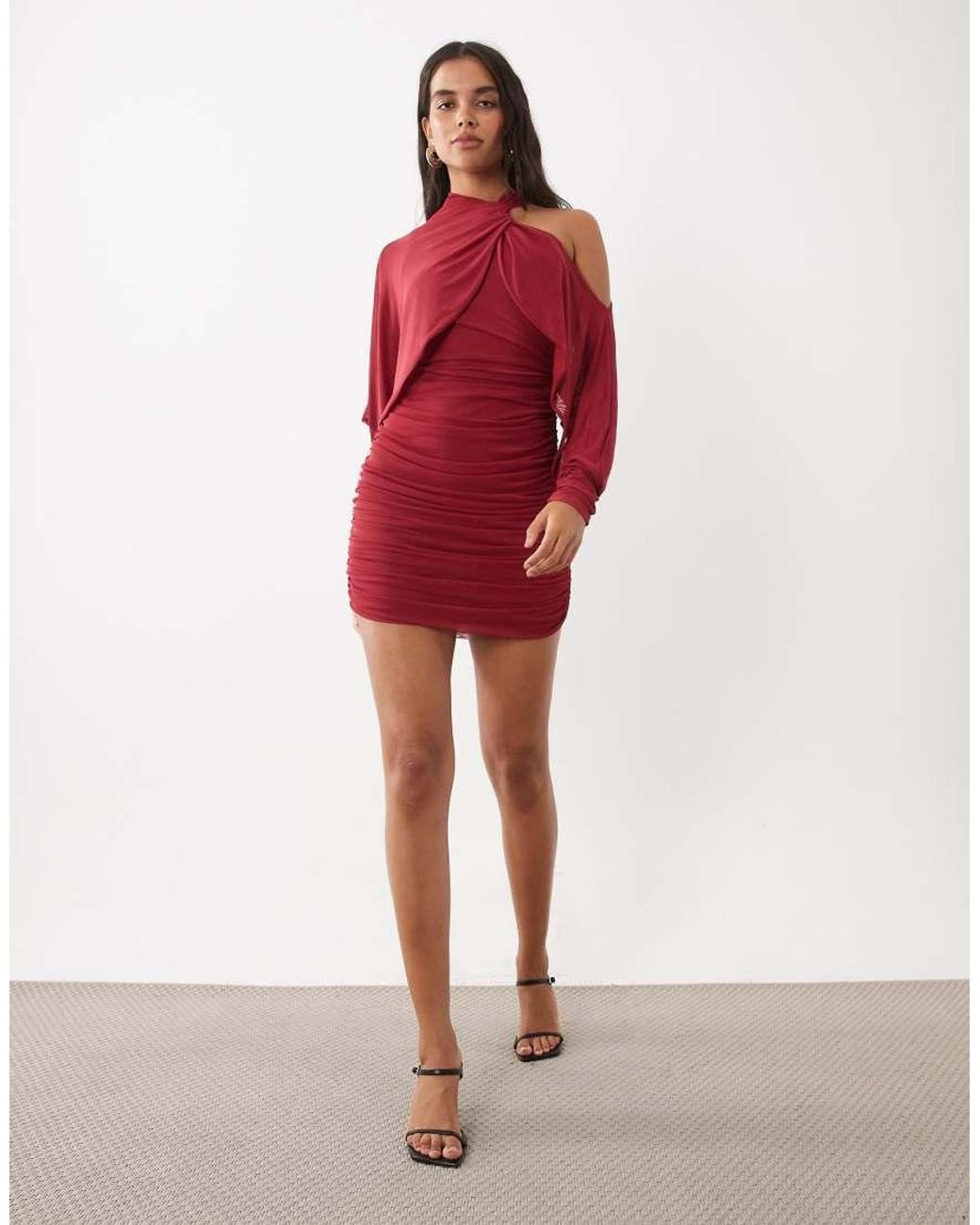 ASOS Red Mesh Asymmetric Ruched Mini Dress With Batwing Sleeve