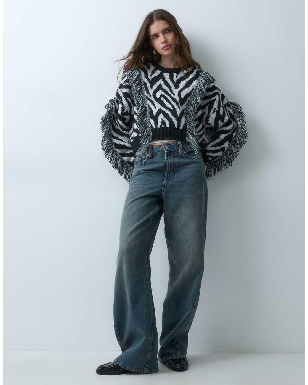 ASOS Gray Knitted Zebra Print Jumper With Fringe