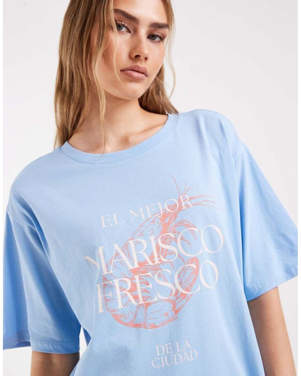 ONLY Blue Oversized T-Shirt With Seafood Graphic Print