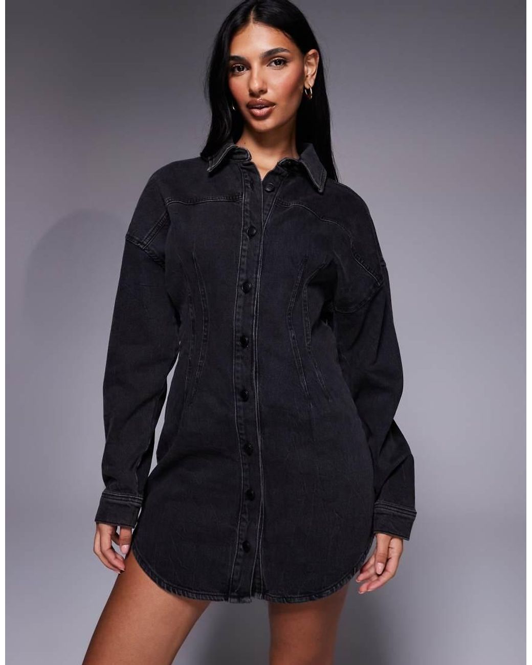 GOOD AMERICAN Blue Denim Cinched Waist Curve Hem Shirt Dress