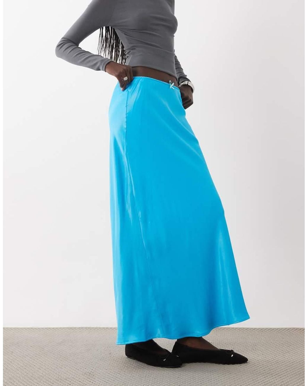 Miss Selfridge Blue Satin Bias Maxi Skirt
