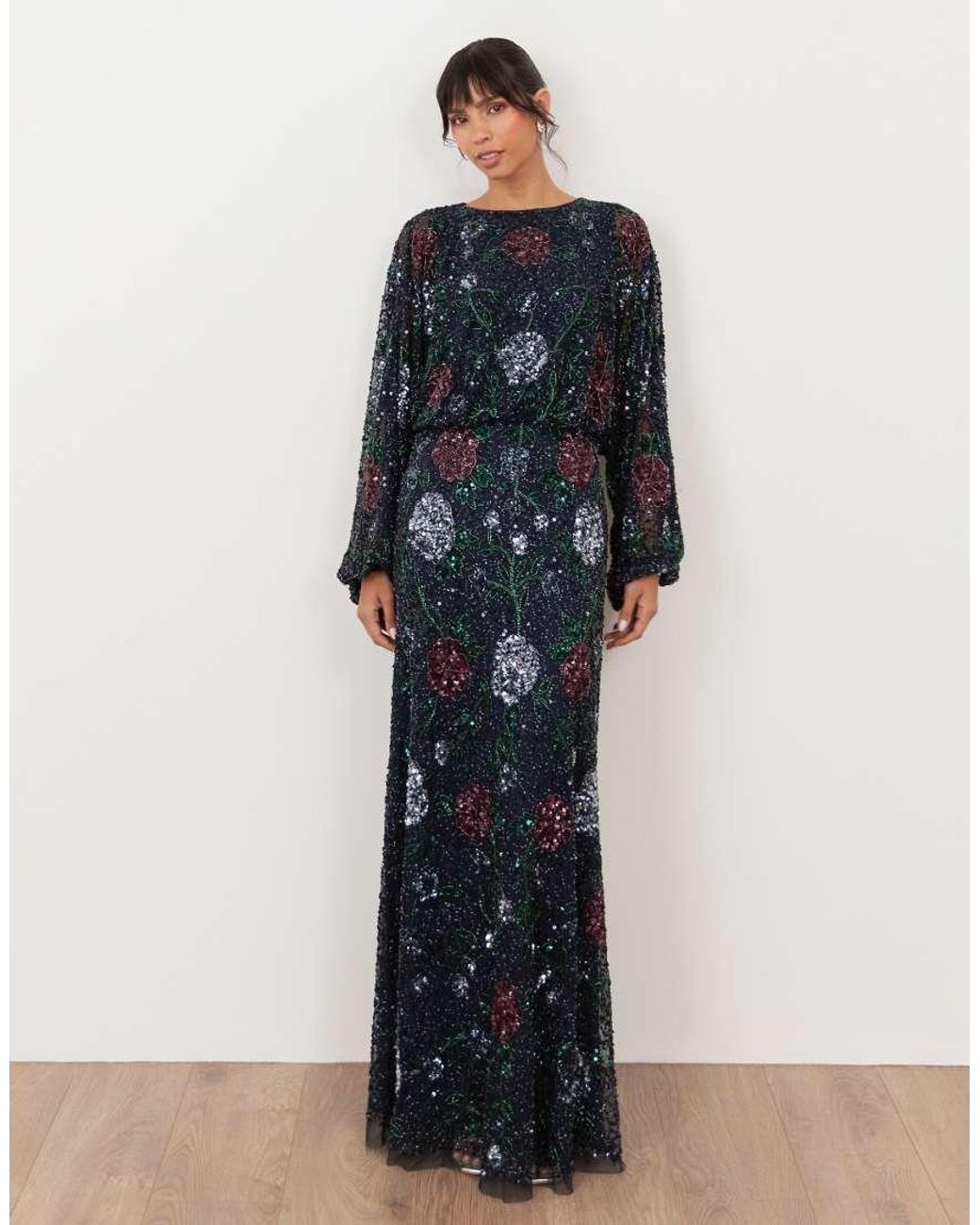 Maya Blue Embellished Round Neck Long Blouson Sleeve Maxi Dress