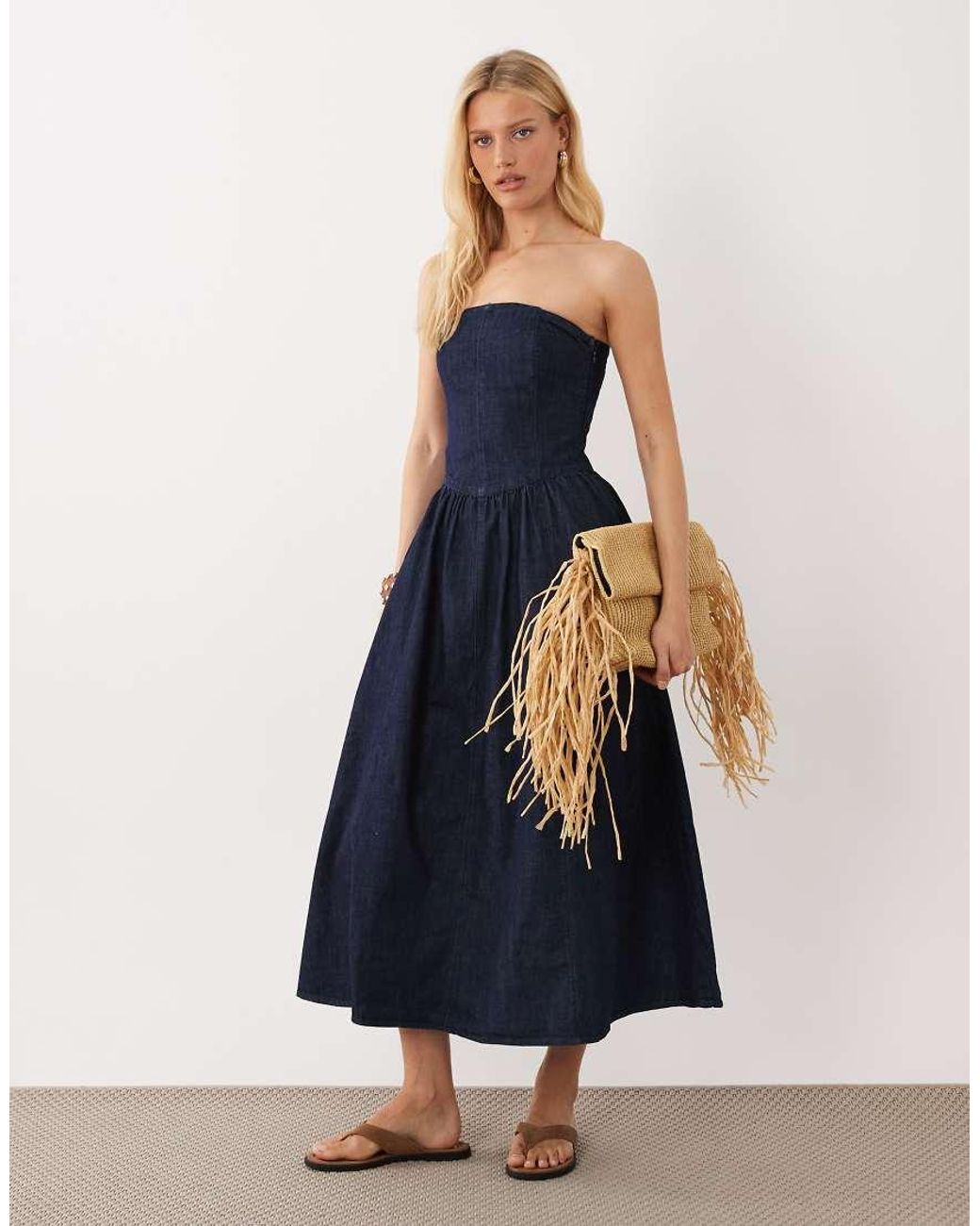 Mango Blue 100% Cotton Denim Off The Shoulder Midaxi Dress