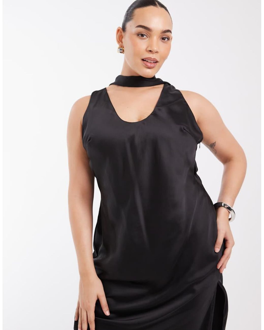 ASOS Black Asos Design Curve Satin Scoop Neck Column Maxi Dress With Lace Hem And Scarf