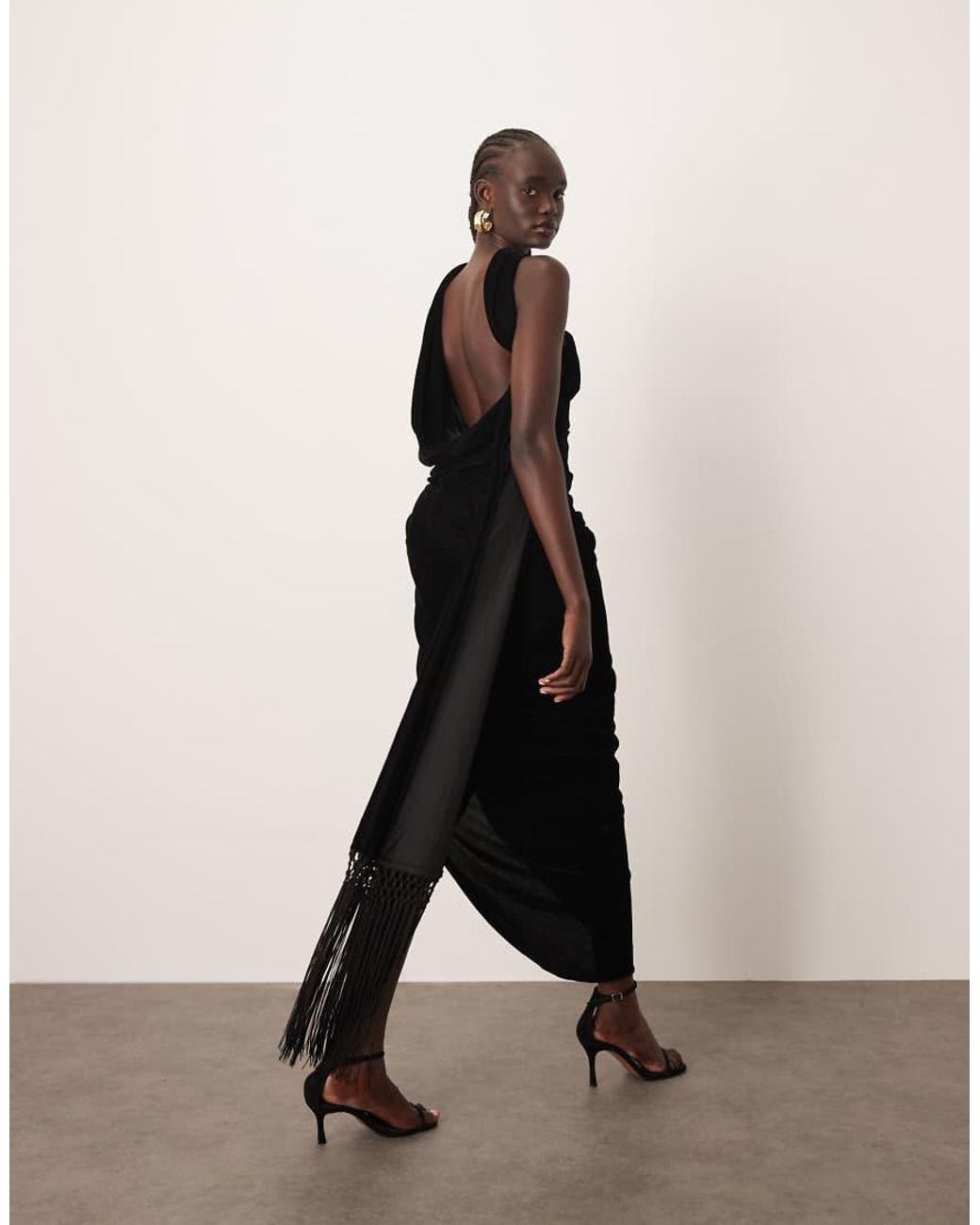 ARRANGE Black Scarf Neck Draped Velvet Maxi Dress With Low Back And Train