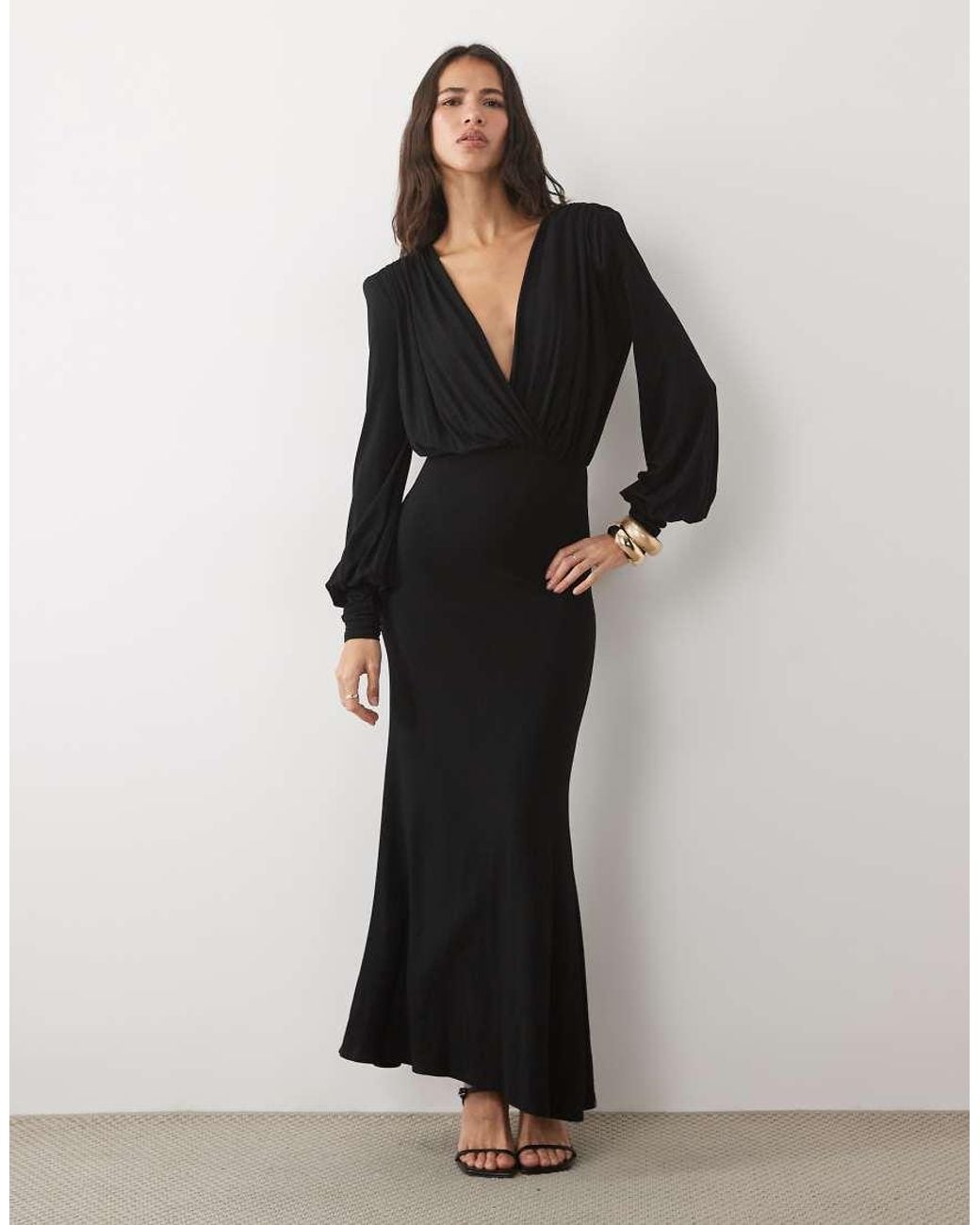 ASOS Black Long Sleeve Deep Plunge Maxi Dress With Shoulder Pads