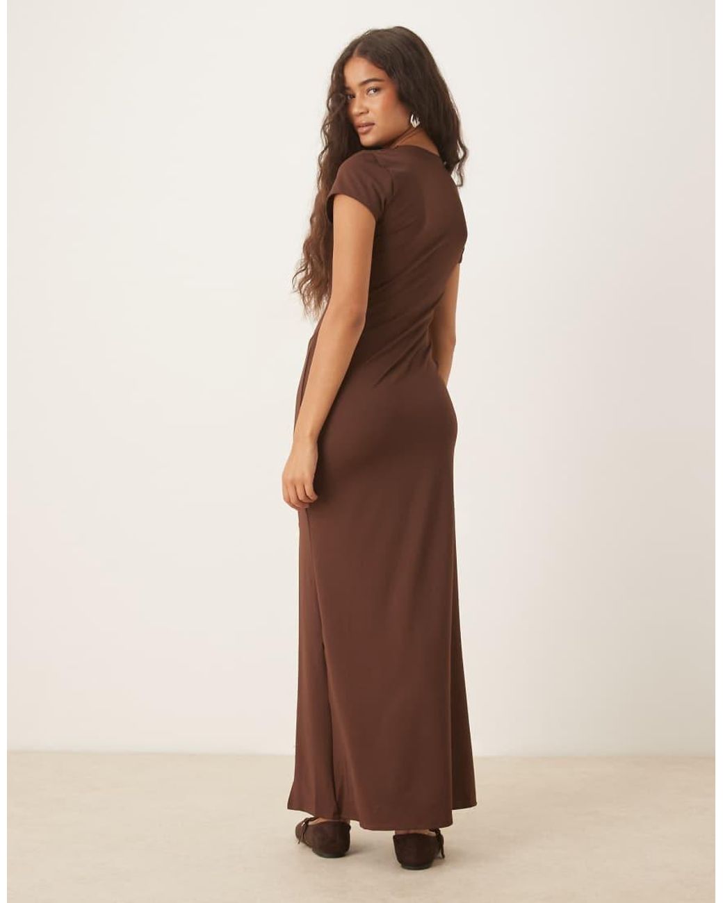 ASOS Brown Cap Sleeve Ruched Side Midi With Front Split