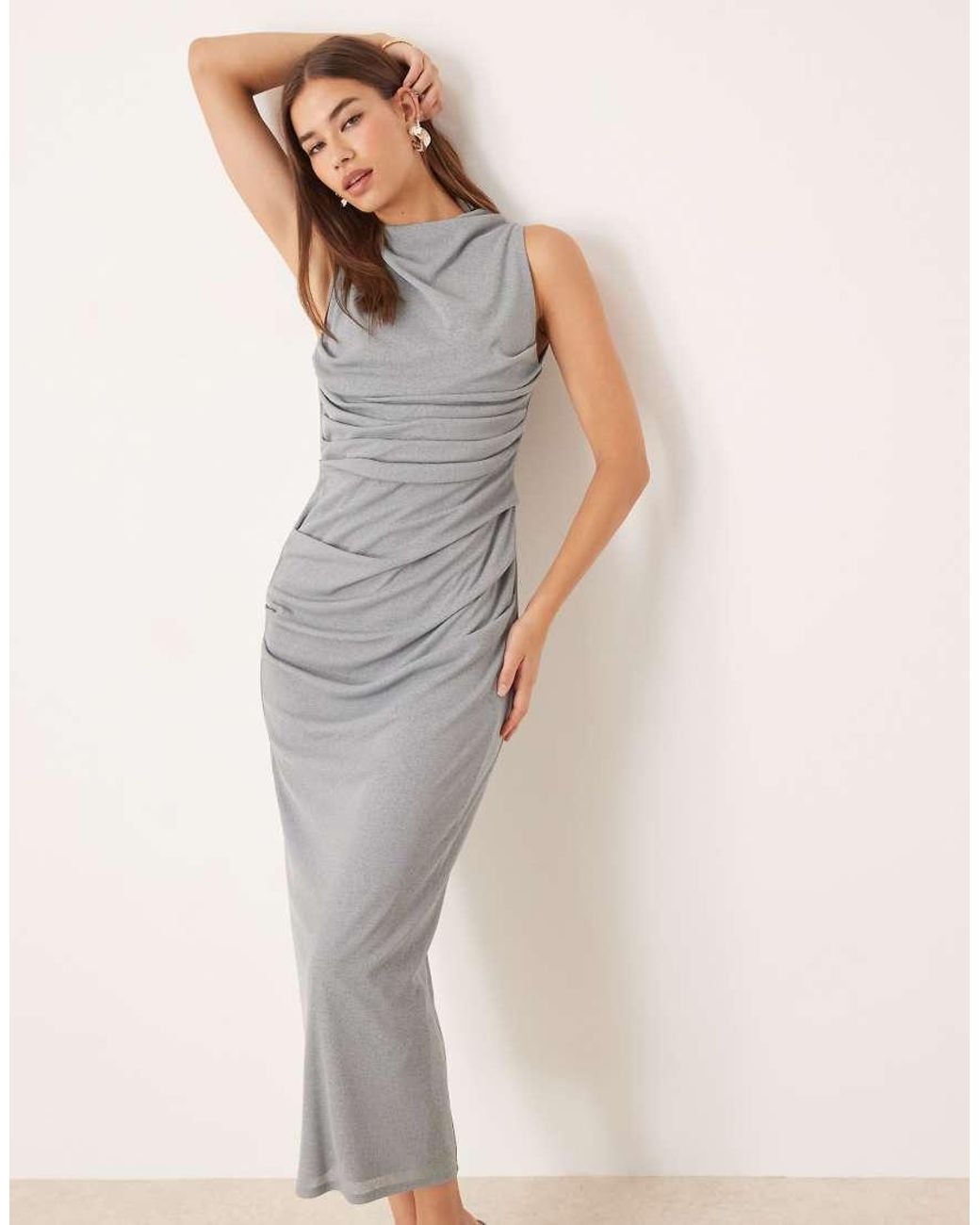 ASOS Gray Mesh Sleeveless Ruched Midi Dress