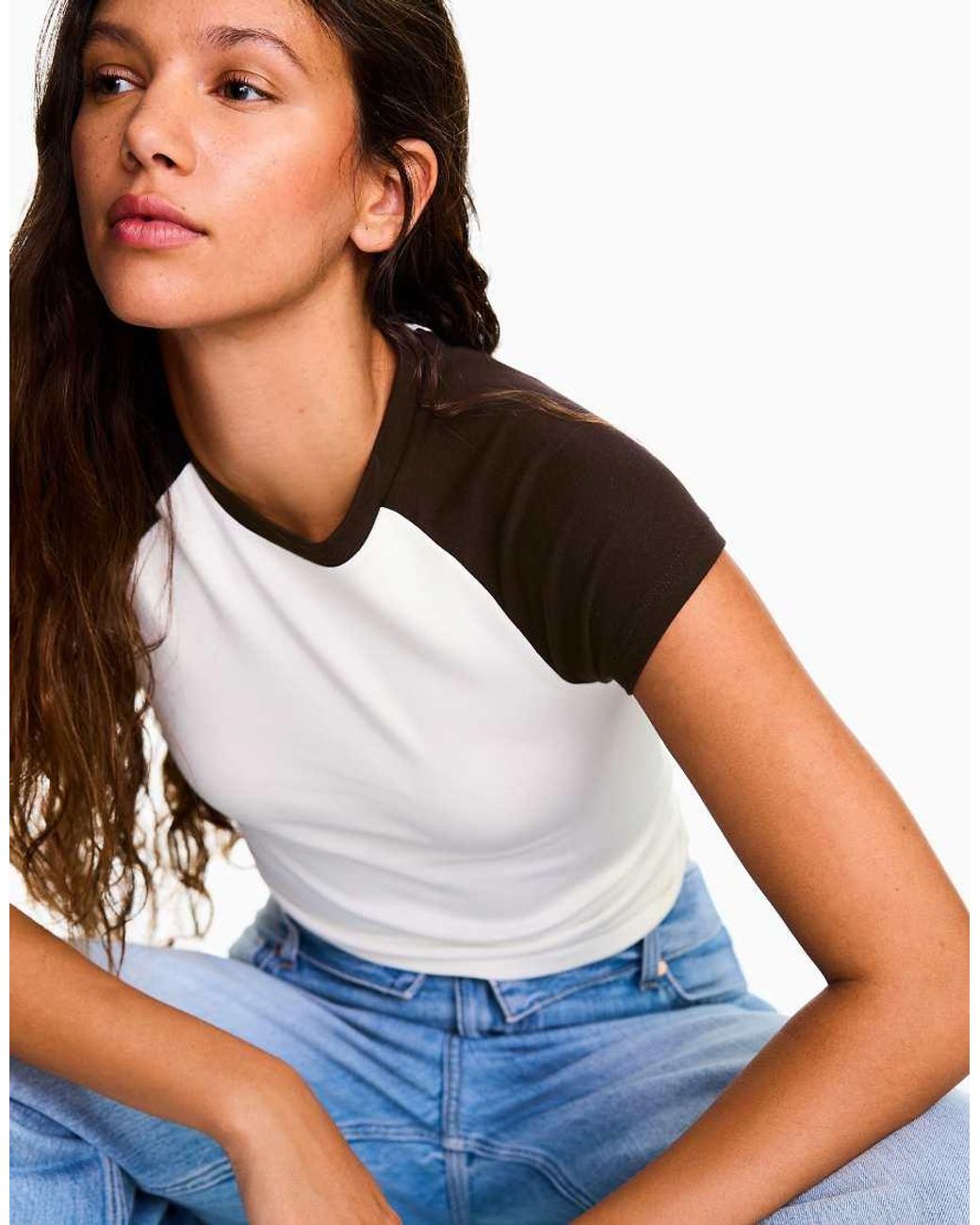 Bershka White Fitted Raglan T-Shirt