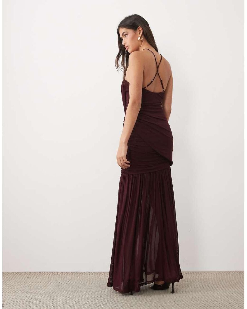 ASOS Brown Mesh Sleeveless Asymmetric Drape Maxi Dress