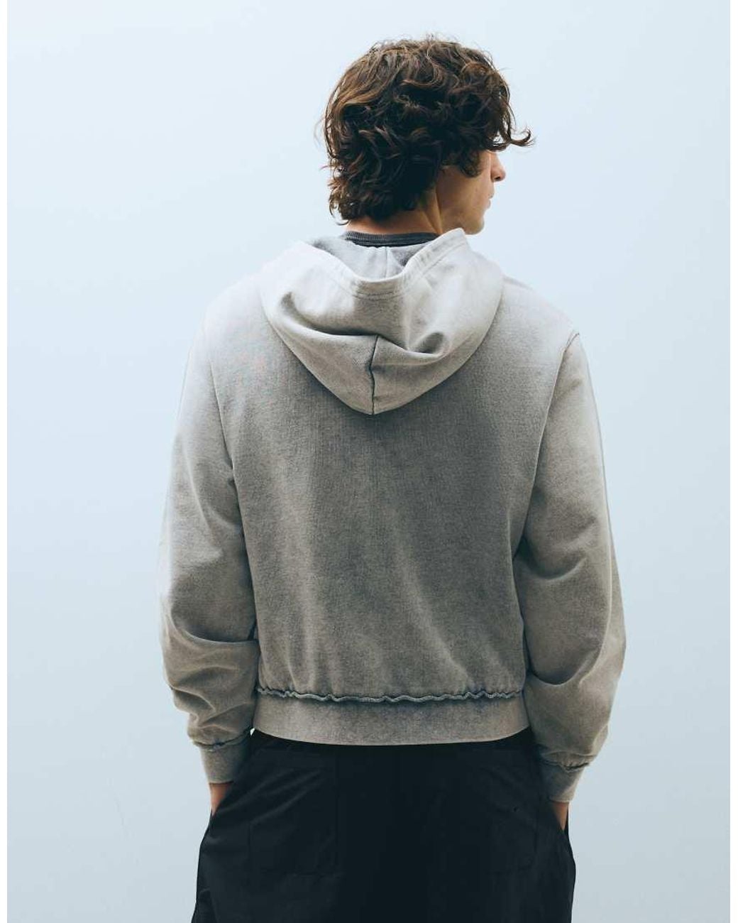 Bershka Gray Studded Zip-Up Hooded Sweatshirt for men