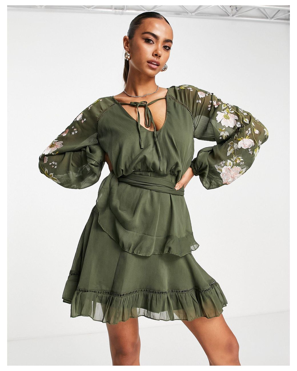 ASOS Blouson Sleeve Tiered Mini Dress With Cross Stitch Embroidery Detail  And Tie in Green | Lyst