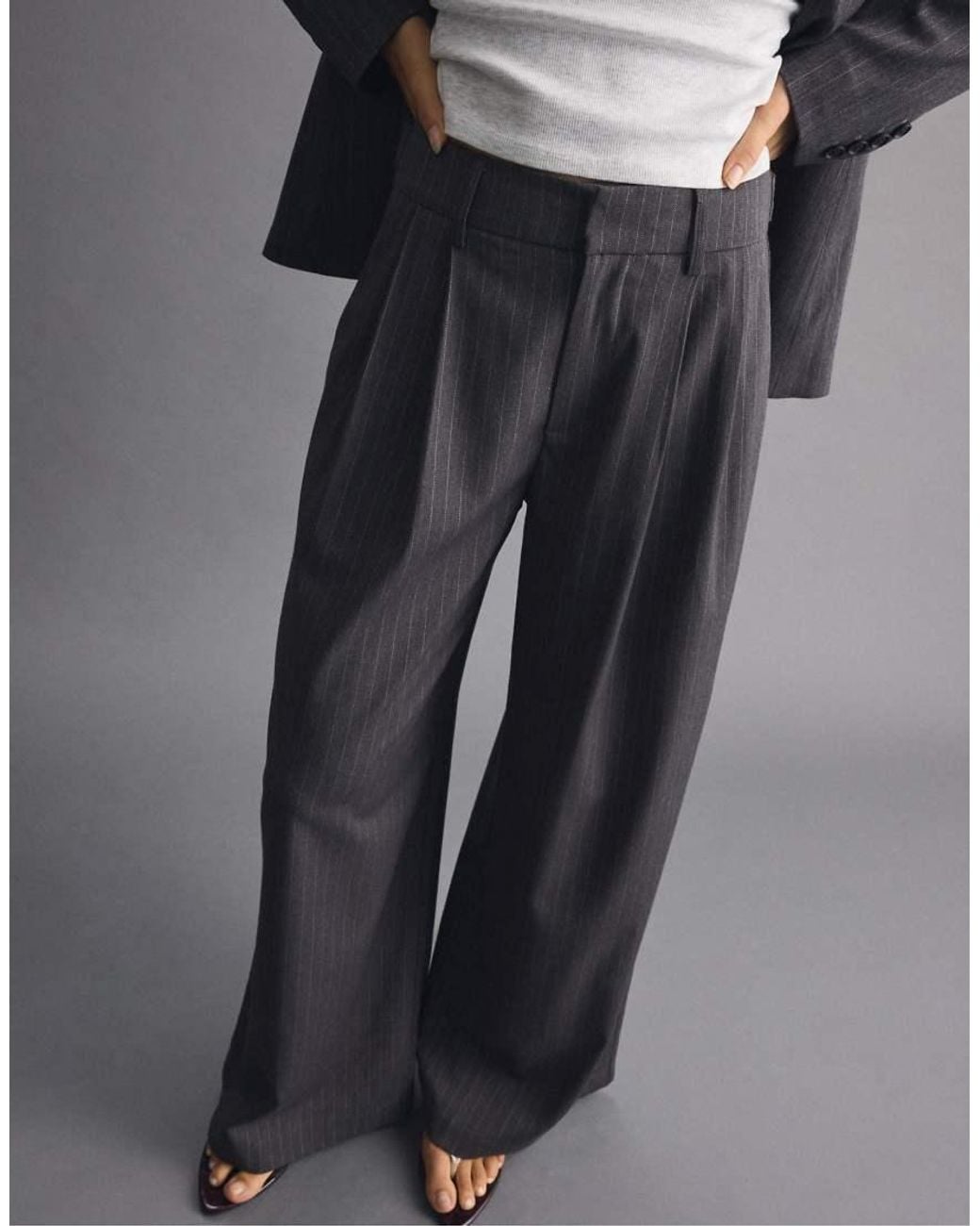 Stradivarius Gray Tall Striped Wide-leg Trousers