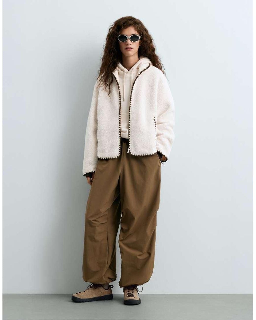 Oysho White High-neck Faux-shearling Jacket With Contrast Stitching