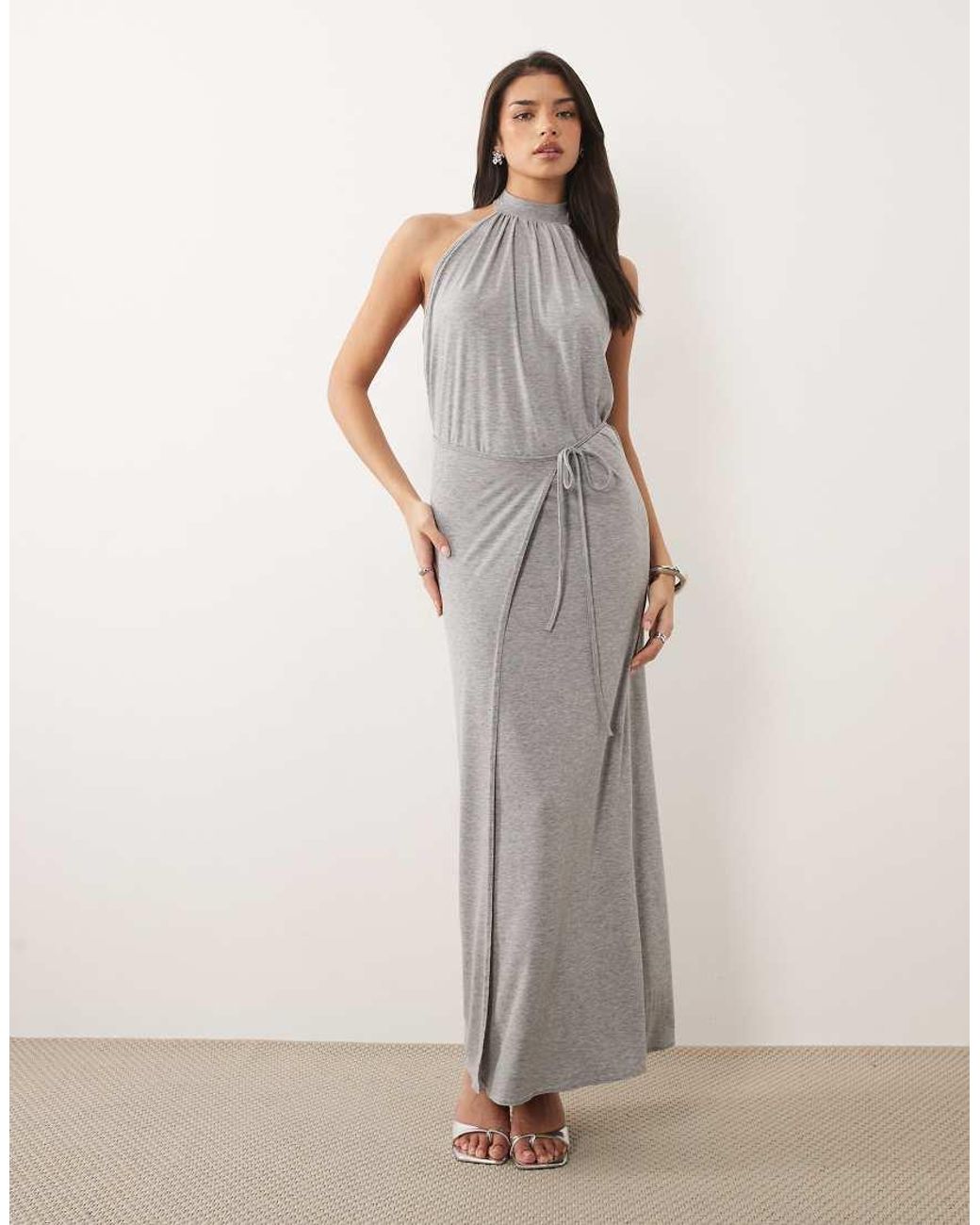 Missy Empire Gray High Neck Wrap Tie Waist Detail Maxi Dress