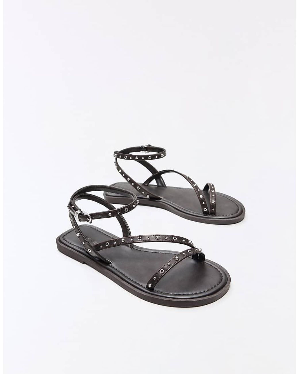 Bershka Brown Multi-strap Studded Flat Slider Sandals