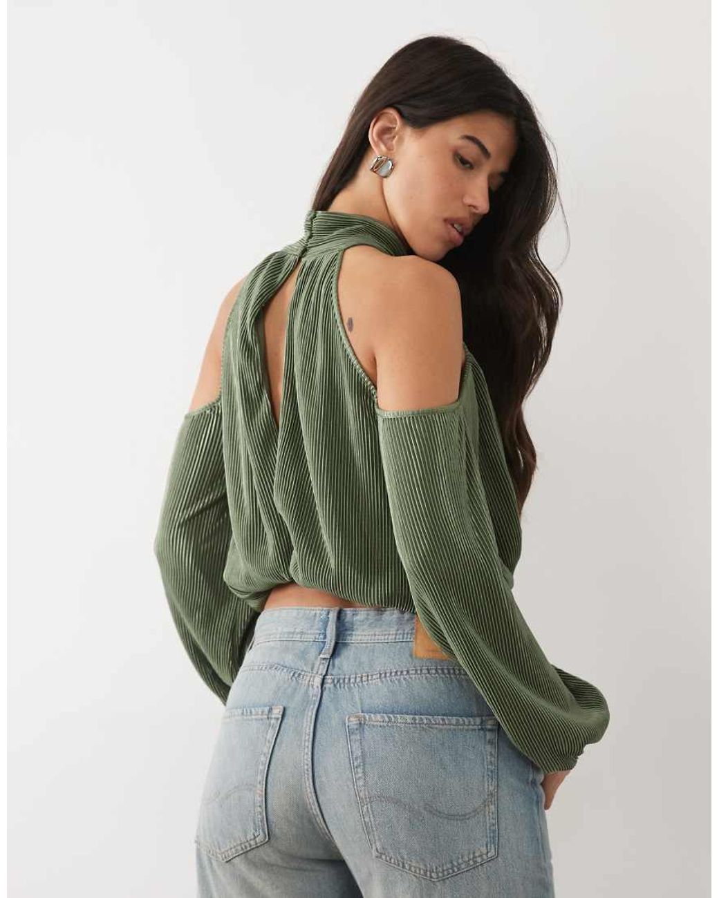 ASOS Green Cold Shoulder Plisse Bubble Top