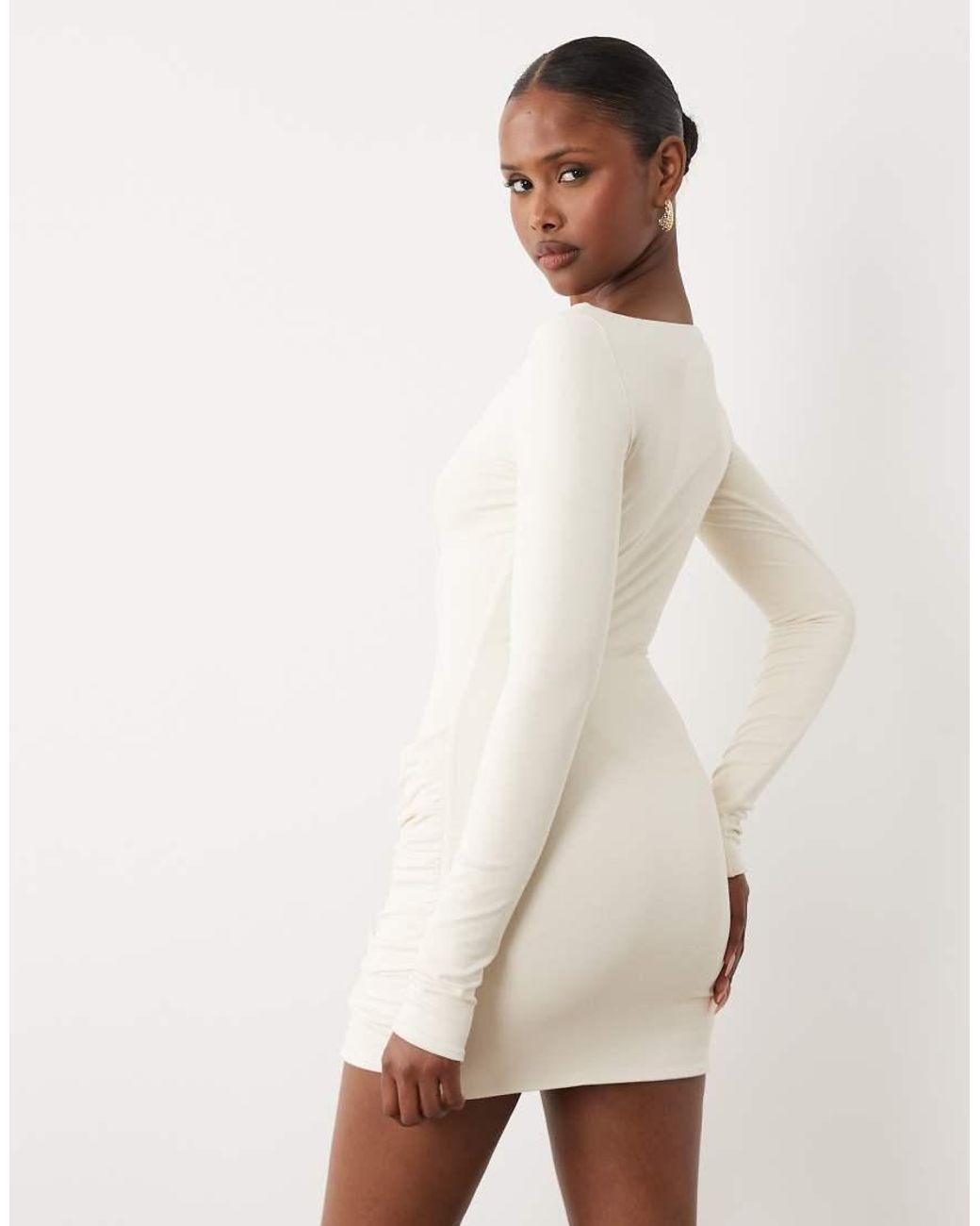 Oh Polly Natural Modal Boat Neck Long Sleeve Draped Waist Detail Mini