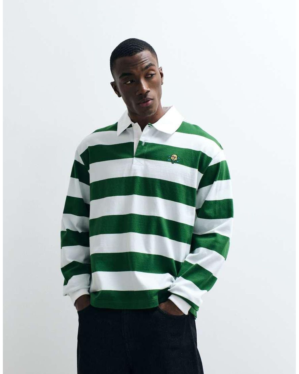 ICECREAM Green Striped Long Sleeve Polo Neck T-shirt for men