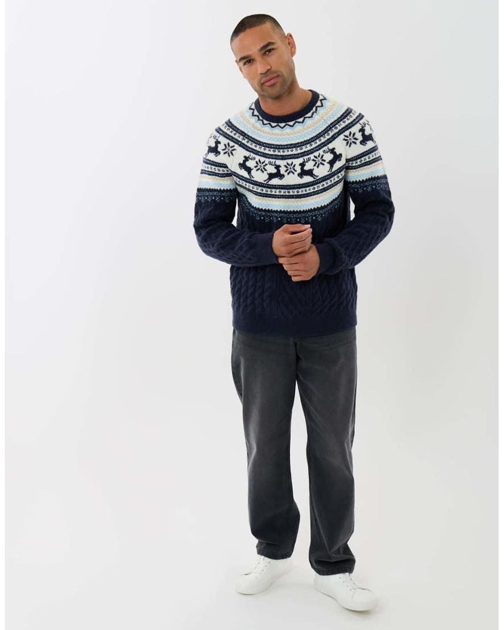 Threadbare Blue Reindeer Fairisle Cable Knit Christmas Jumper for men