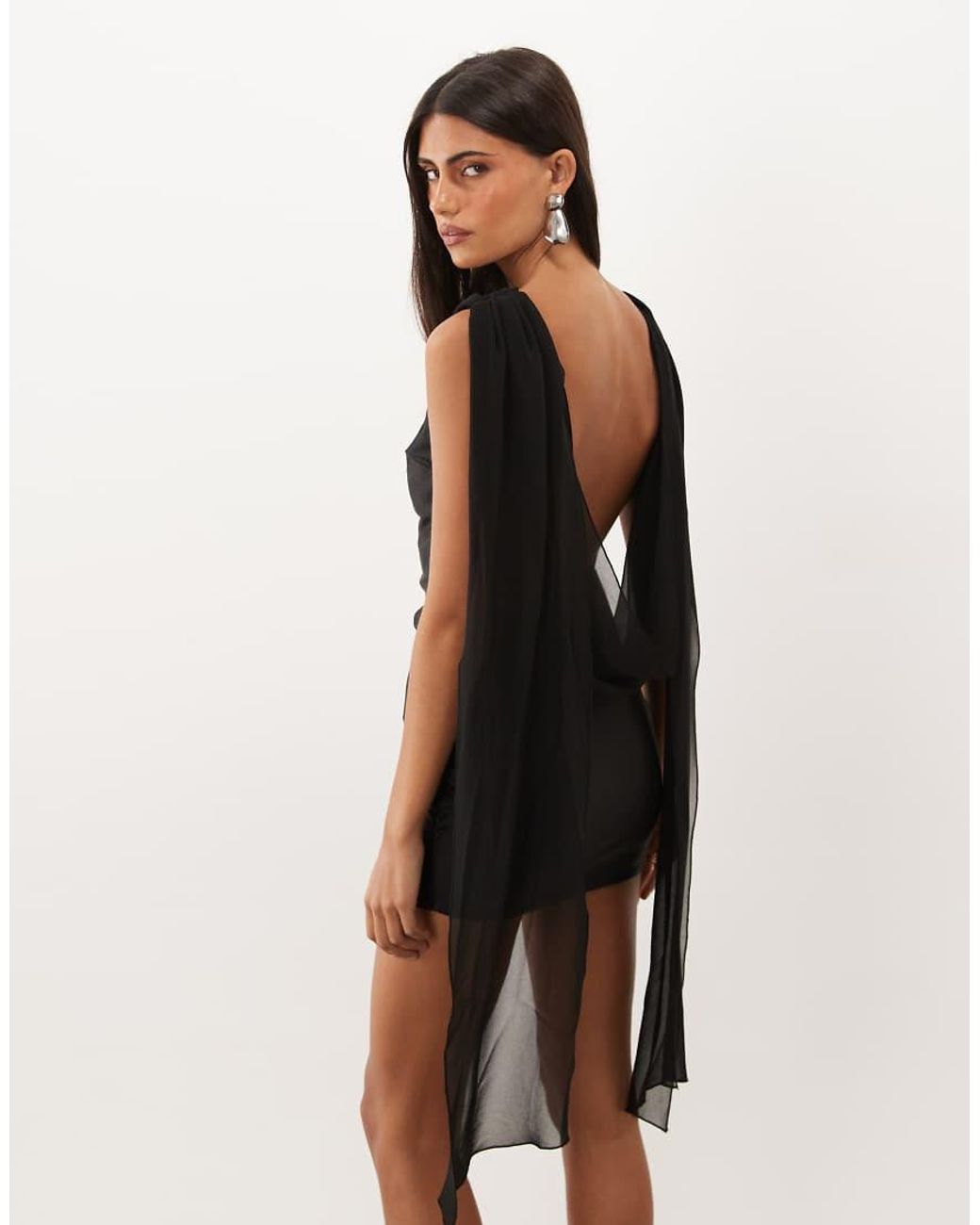 Oh Polly Black Satin Drape Open Back Scarf Detail Mini Dress