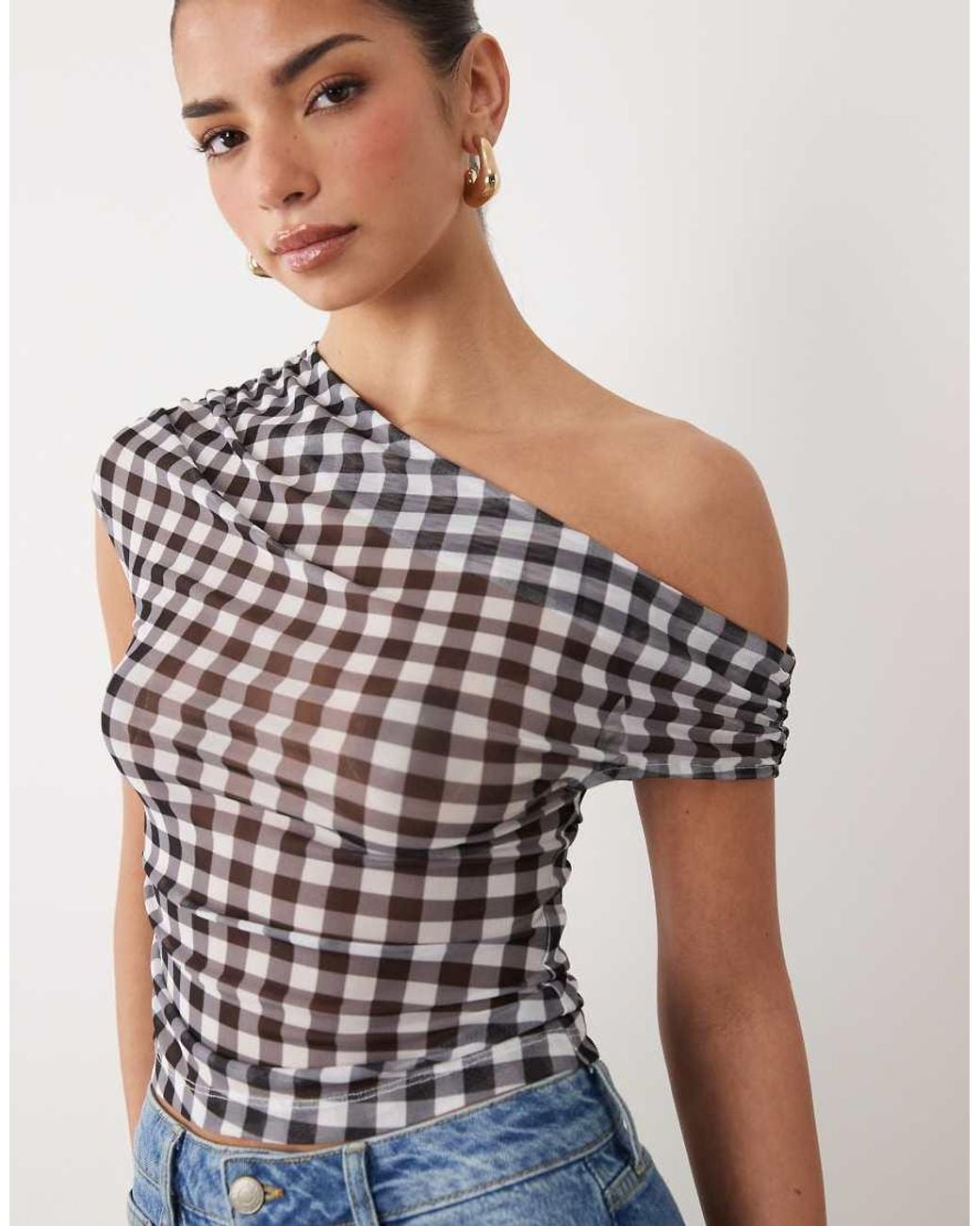 ASOS Sheer Mesh Ruched Off Shoulder Asymmetric Top in Grey | Lyst UK