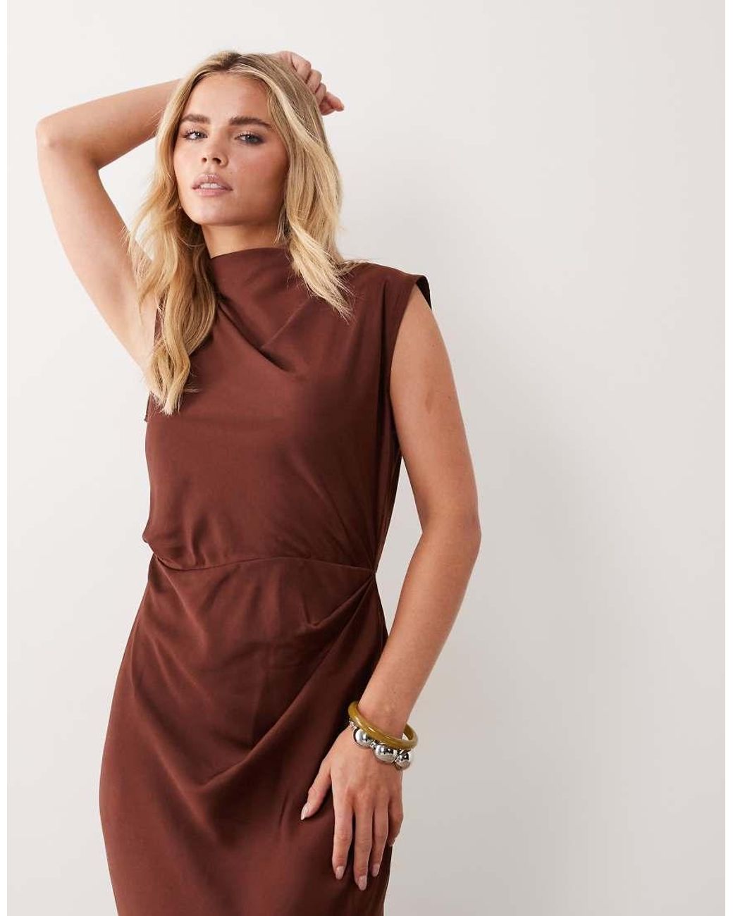 ASOS Brown Asos Design Petite Satin High Neck Pleated Bodice Midi Dress