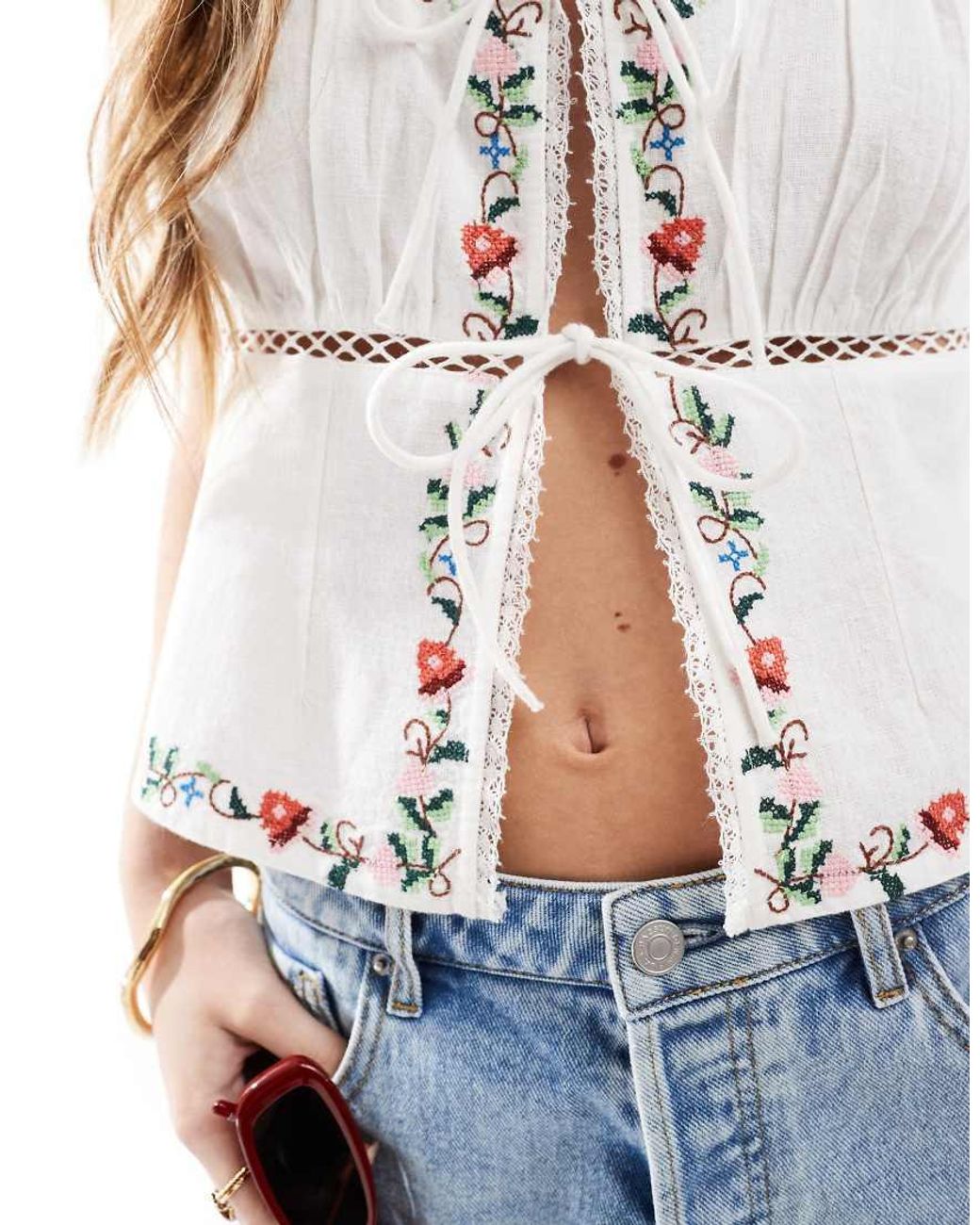 New Look Blue Embroidered Tie Front Linen Top
